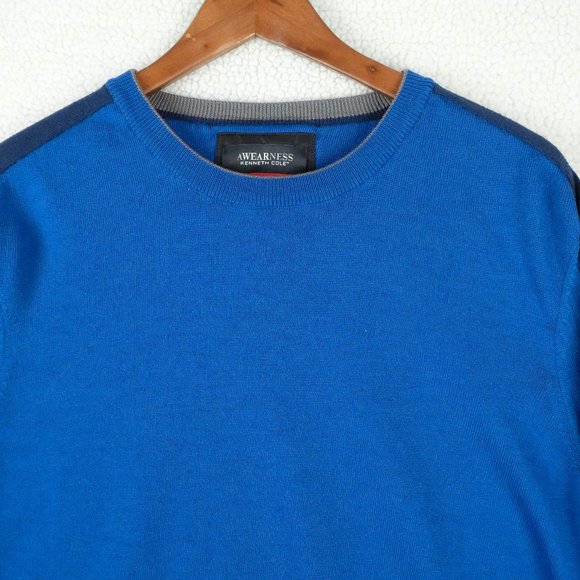 Awearness Kenneth Cole Sweater Mens Extra Large Blue Merino Wool Crew Stretch - Picture 2 of 8